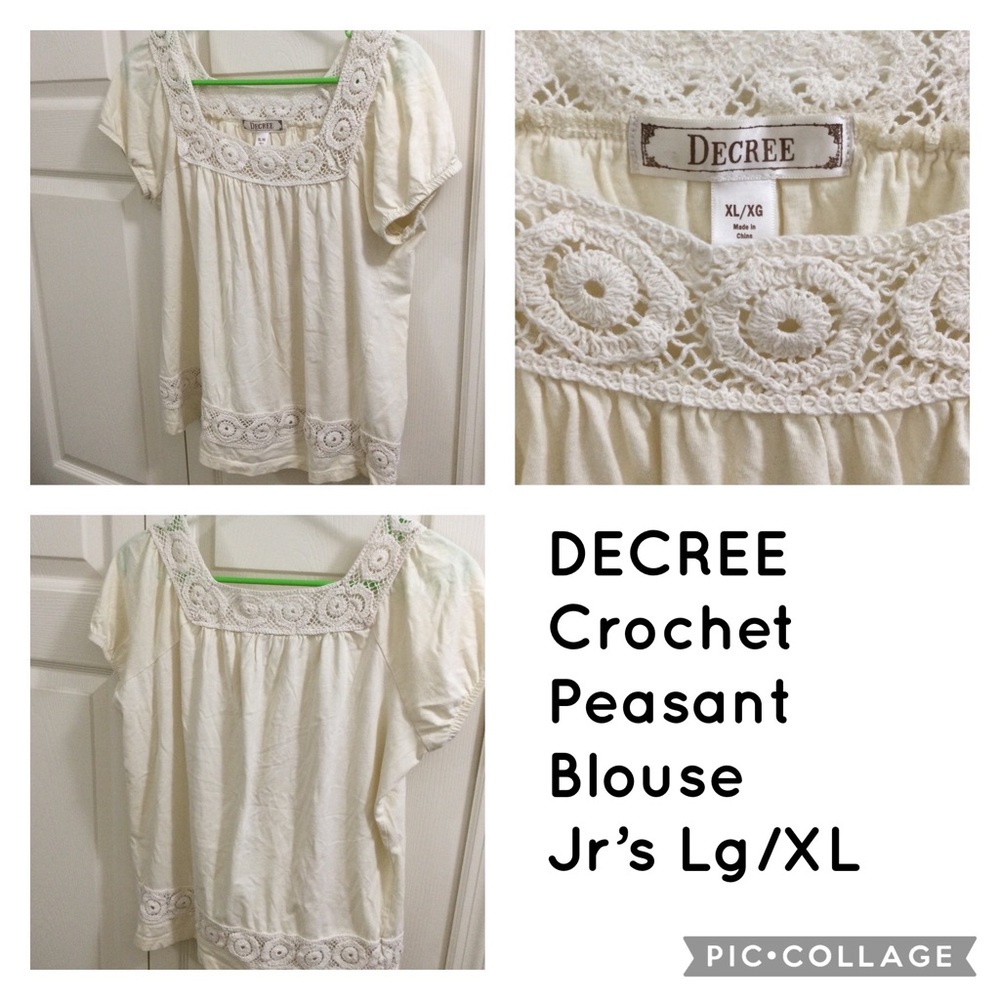 Cute Boho Peasant Top in ivory w/ Crocheted trim Jr’s Lg-XL